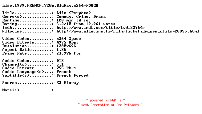 NFO for the release Life.1999.FRENCH.720p.BluRay.x264-ROUGH by ROUGH