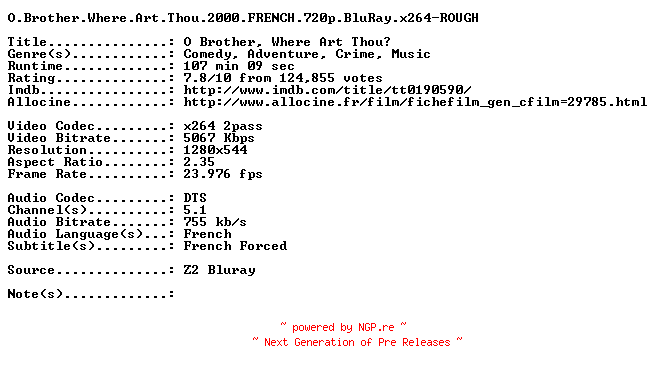 NFO for the release O.Brother.Where.Art.Thou.2000.FRENCH.720p.BluRay.x264-ROUGH by ROUGH