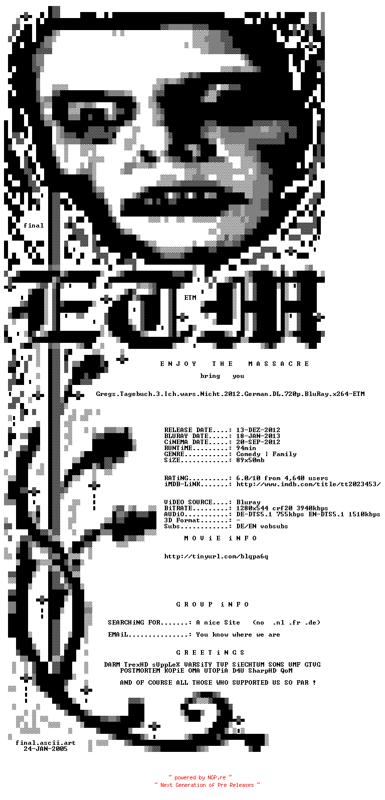 NFO for the release Gregs.Tagebuch.3.Ich.wars.nicht.German.DL.720p.BluRay.x264-ETM by ETM