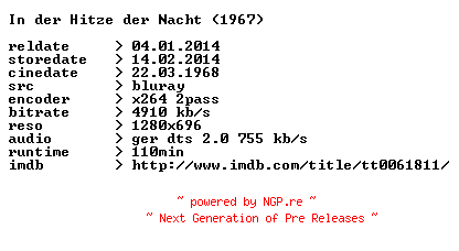 NFO for the release In.der.Hitze.der.Nacht.1967.German.720p.BluRay.x264-CONTRiBUTiON by CONTRiBUTiON