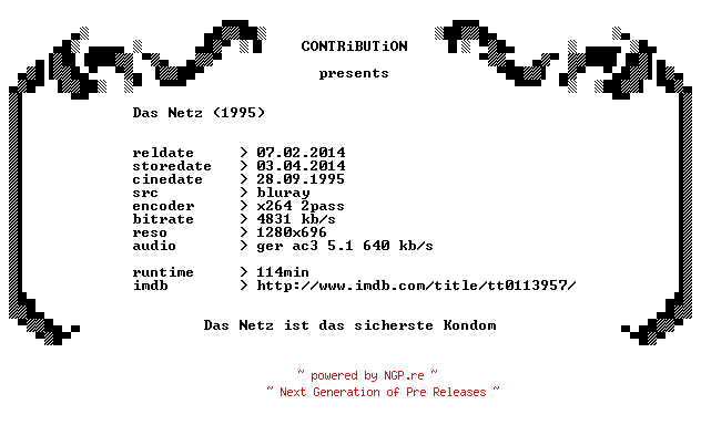 NFO for the release Das.Netz.1995.German.720p.BluRay.x264-CONTRiBUTiON by CONTRiBUTiON