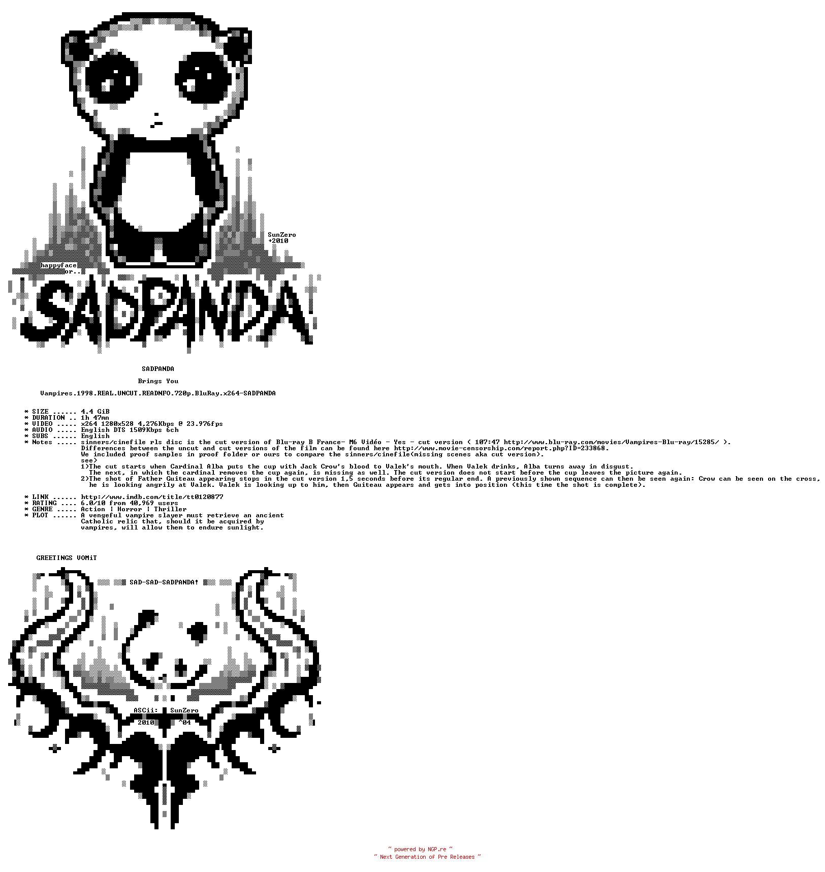 NFO for the release Vampires.1998.REAL.UNCUT.READNFO.720p.BluRay.x264-SADPANDA by SADPANDA