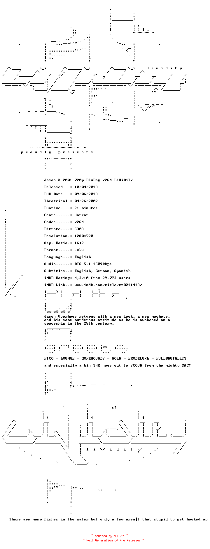 NFO for the release Jason.X.2001.720p.BluRay.x264-LiViDiTY by LiViDiTY