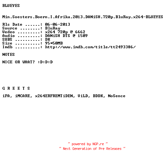 NFO for the release Min.Soesters.Boern.I.Afrika.2013.DANiSH.720p.BluRay.x264-BLUEYES by BLUEYES