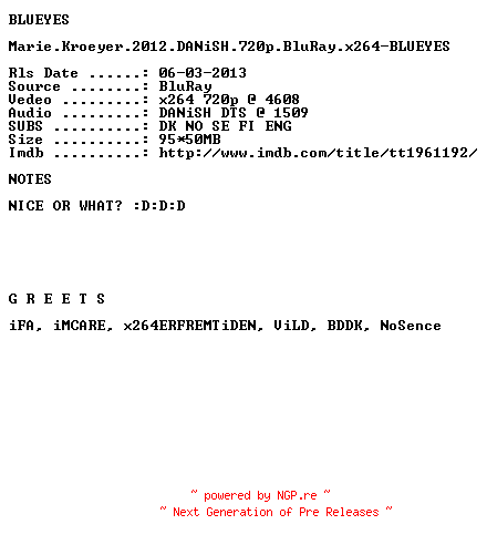 NFO for the release Marie.Kroeyer.2012.DANiSH.720p.BluRay.x264-BLUEYES by BLUEYES