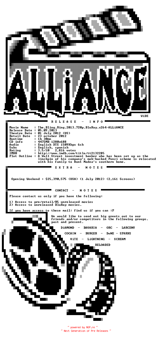 NFO for the release The.Bling.Ring.2013.720p.BluRay.x264-ALLiANCE by ALLiANCE
