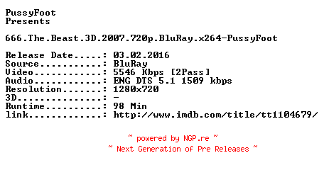 NFO for the release 666.The.Beast.3D.2007.720p.BluRay.x264-PussyFoot by PussyFoot
