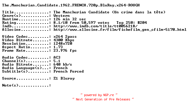 NFO for the release The.Manchurian.Candidate.1962.FRENCH.720p.BluRay.x264-ROUGH by ROUGH