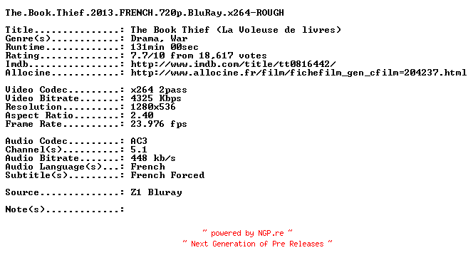 NFO for the release The.Book.Thief.2013.FRENCH.720p.BluRay.x264-ROUGH by ROUGH