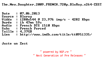 NFO for the release The.New.Daughter.2009.FRENCH.720p.BluRay.x264-ZEST by ZEST