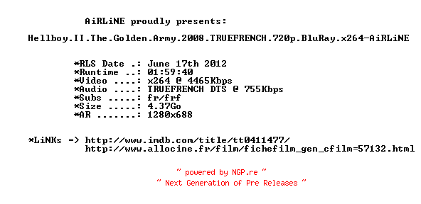NFO for the release Hellboy.II.The.Golden.Army.2008.TRUEFRENCH.720p.BluRay.x264-AiRLiNE by AiRLiNE
