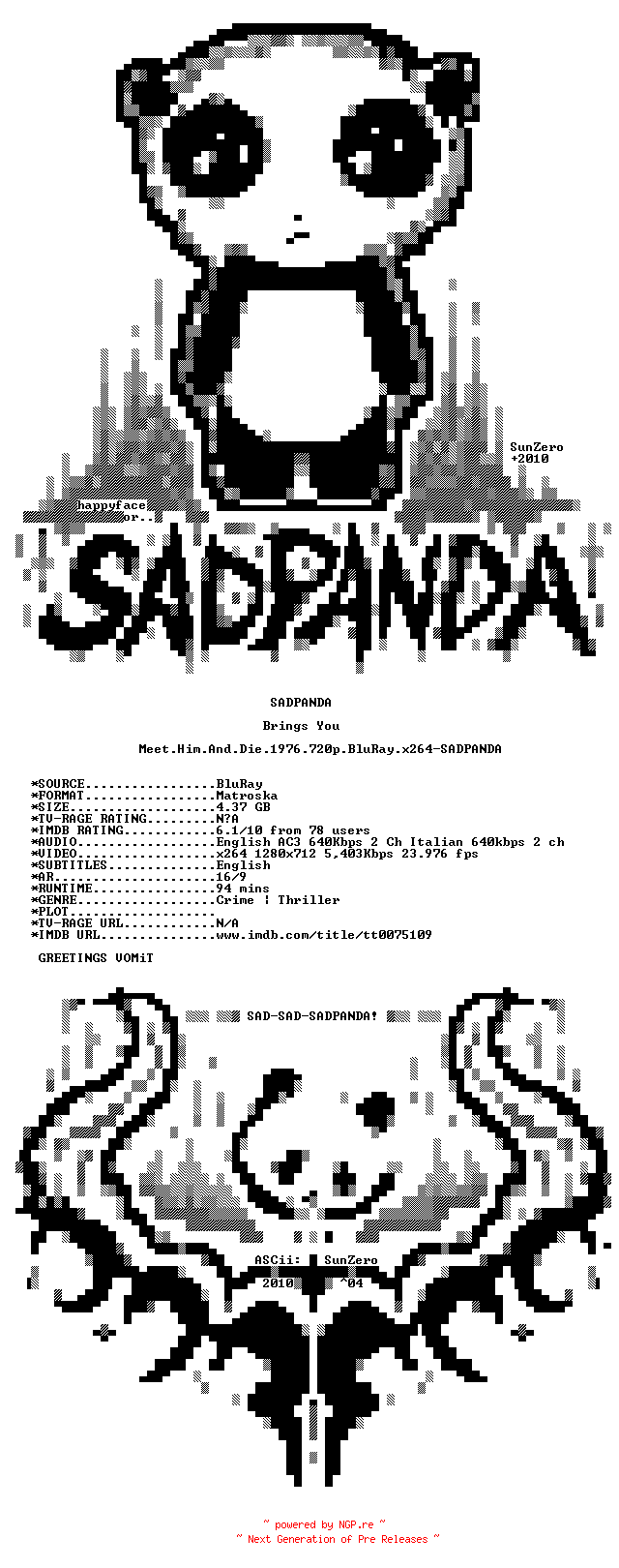 NFO for the release Meet.Him.And.Die.1976.720p.BluRay.x264-SADPANDA by SADPANDA