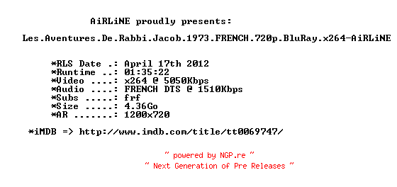 NFO for the release Les.Aventures.De.Rabbi.Jacob.1973.FRENCH.720p.BluRay.x264-AiRLiNE by AiRLiNE