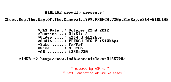 NFO for the release Ghost.Dog.The.Way.Of.The.Samurai.1999.FRENCH.720p.BluRay.x264-AiRLiNE by AiRLiNE