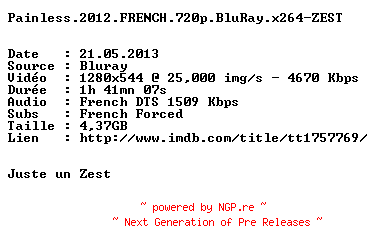NFO for the release Painless.2012.FRENCH.720p.BluRay.x264-ZEST by ZEST