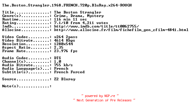NFO for the release The.Boston.Strangler.1968.FRENCH.720p.BluRay.x264-ROUGH by ROUGH