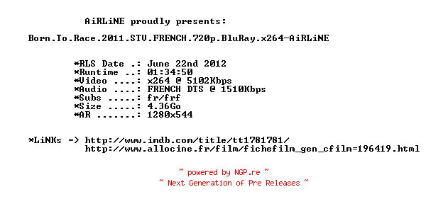 NFO for the release Born.To.Race.2011.STV.FRENCH.720p.BluRay.x264-AiRLiNE by AiRLiNE