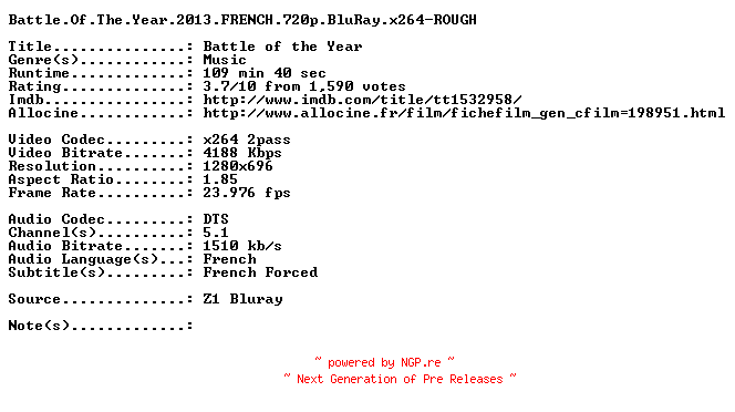 NFO for the release Battle.Of.The.Year.2013.FRENCH.720p.BluRay.x264-ROUGH by ROUGH