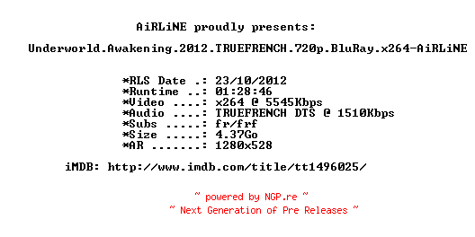 NFO for the release Underworld.Awakening.2012.TRUEFRENCH.720p.BluRay.x264-AiRLiNE by AiRLiNE