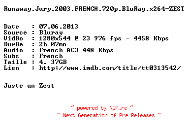 NFO for the release Runaway.Jury.2003.FRENCH.720p.BluRay.x264-ZEST by ZEST