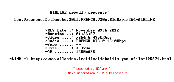 NFO for the release Les.Vacances.De.Ducobu.2011.FRENCH.720p.BluRay.x264-AiRLiNE by AiRLiNE