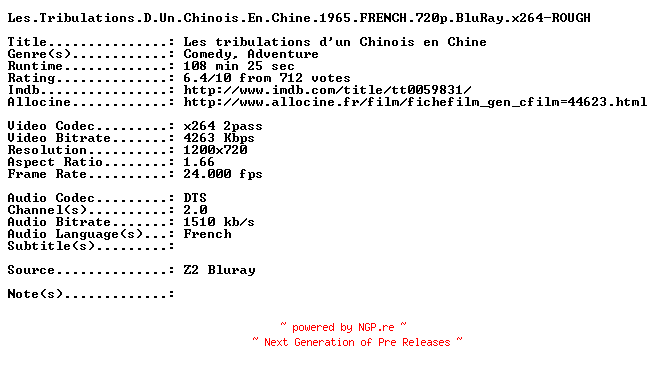 NFO for the release Les.Tribulations.D.Un.Chinois.En.Chine.1965.FRENCH.720p.BluRay.x264-ROUGH by ROUGH