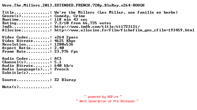 NFO for the release Were.The.Millers.2013.EXTENDED.FRENCH.720p.BluRay.x264-ROUGH by ROUGH