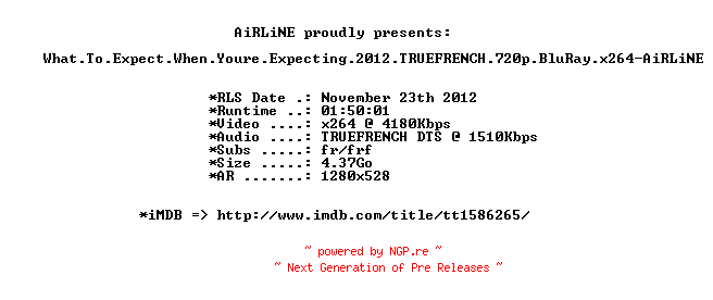 NFO for the release What.To.Expect.When.Youre.Expecting.2012.TRUEFRENCH.720p.BluRay.x264-AiRLiNE by AiRLiNE
