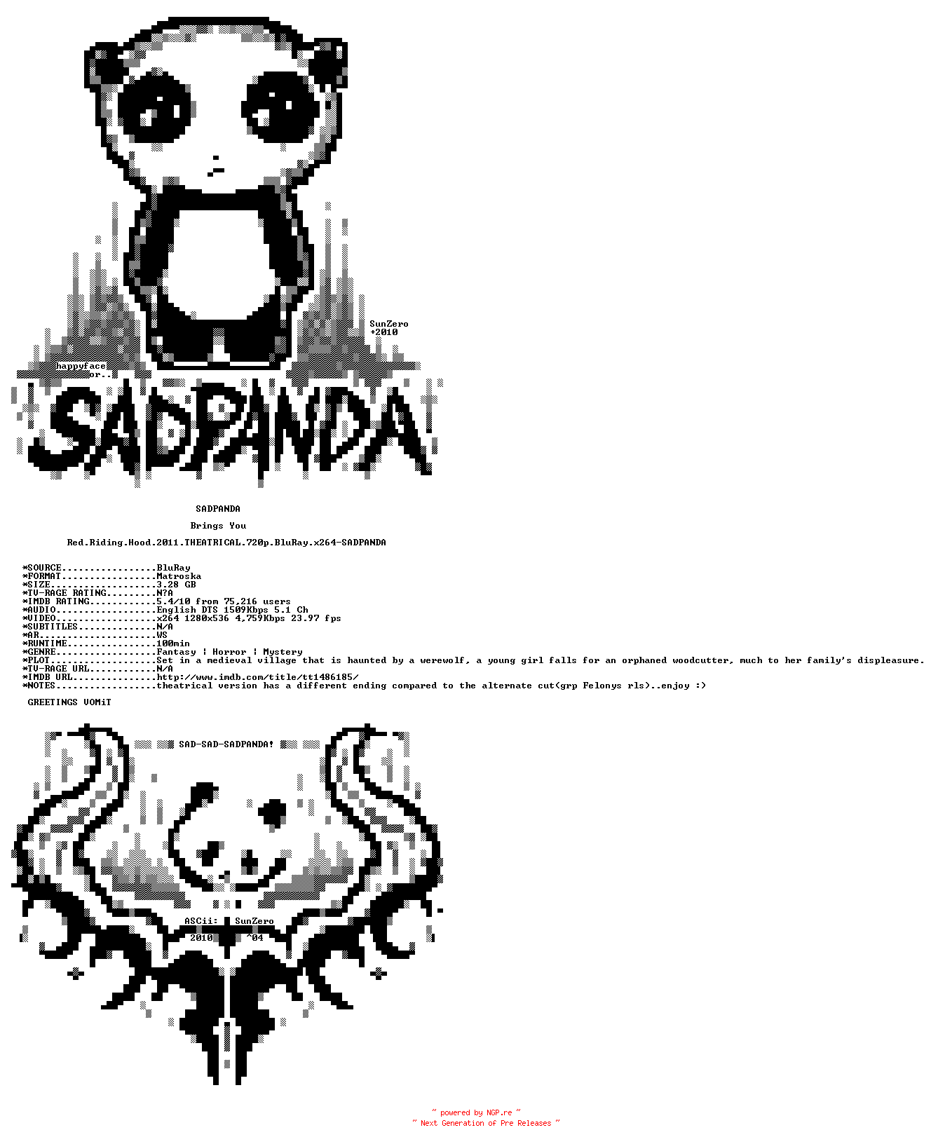 NFO for the release Red.Riding.Hood.2011.THEATRICAL.720p.BluRay.x264-SADPANDA by SADPANDA