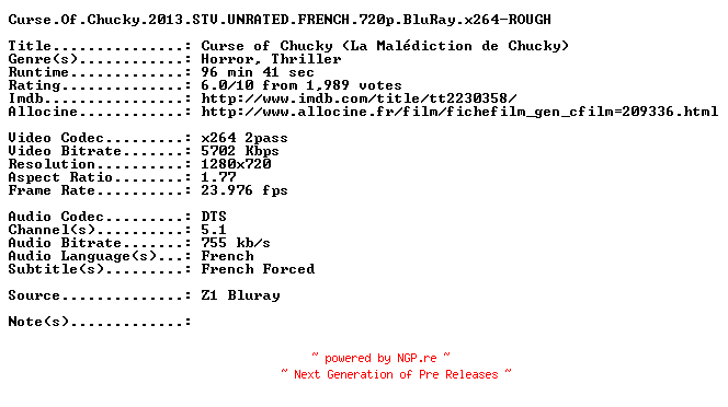 NFO for the release Curse.Of.Chucky.2013.STV.UNRATED.FRENCH.720p.BluRay.x264-ROUGH by ROUGH