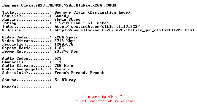 NFO for the release Baggage.Claim.2013.FRENCH.720p.BluRay.x264-ROUGH by ROUGH