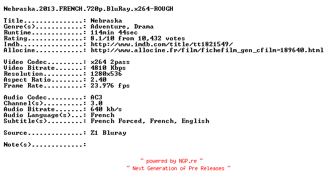 NFO for the release Nebraska.2013.FRENCH.720p.BluRay.x264-ROUGH by ROUGH