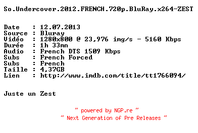 NFO for the release So.Undercover.2012.FRENCH.720p.BluRay.x264-ZEST by ZEST