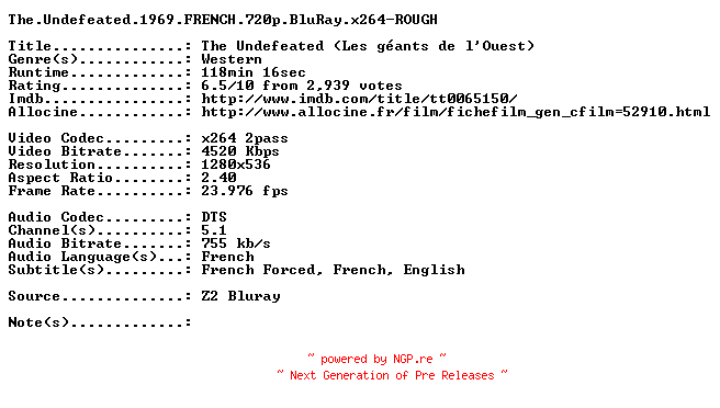 NFO for the release The.Undefeated.1969.FRENCH.720p.BluRay.x264-ROUGH by ROUGH