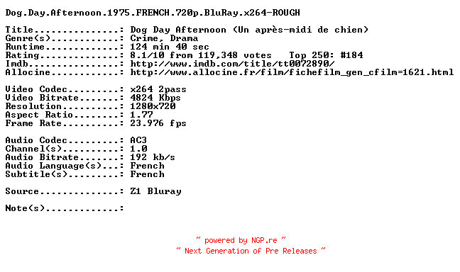 NFO for the release Dog.Day.Afternoon.1975.FRENCH.720p.BluRay.x264-ROUGH by ROUGH