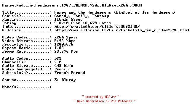 NFO for the release Harry.And.The.Hendersons.1987.FRENCH.720p.BluRay.x264-ROUGH by ROUGH