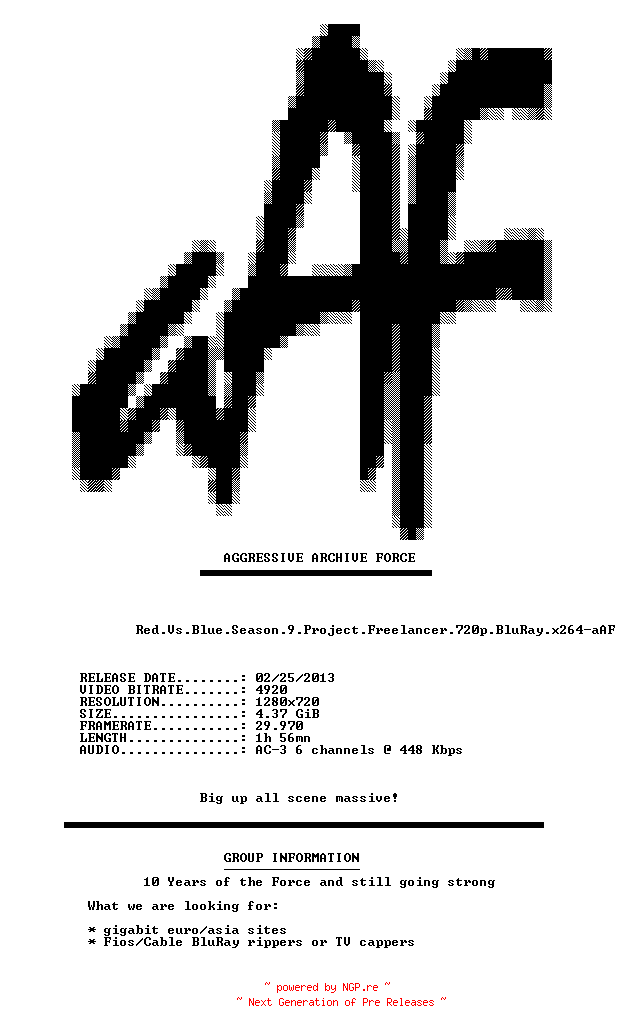 NFO for the release Red.Vs.Blue.Season.9.Project.Freelancer.720p.BluRay.x264-aAF by aAF