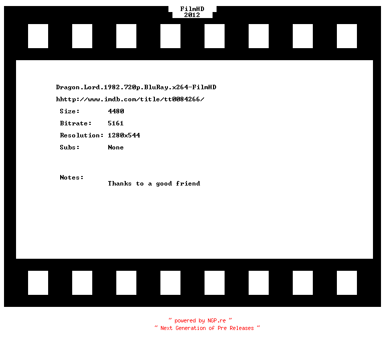 NFO for the release Dragon.Lord.1982.DUBBED.720p.BluRay.x264-FilmHD by FilmHD