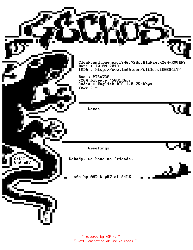 NFO for the release Cloak.and.Dagger.1946.720p.BluRay.x264-ROVERS by ROVERS