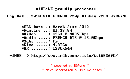 NFO for the release Ong.Bak.3.2010.STV.FRENCH.720p.BluRay.x264-AiRLiNE by AiRLiNE