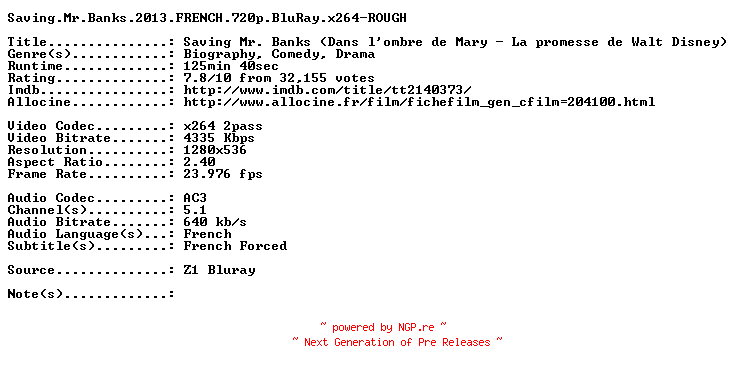 NFO for the release Saving.Mr.Banks.2013.FRENCH.720p.BluRay.x264-ROUGH by ROUGH