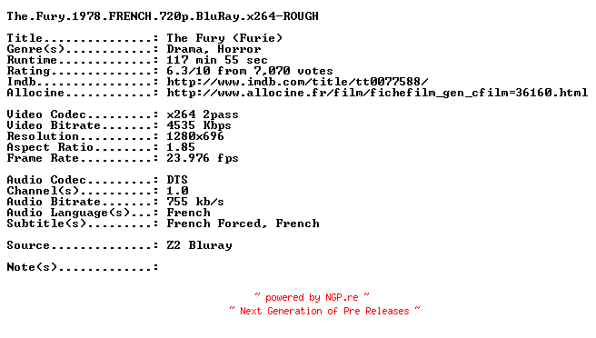 NFO for the release The.Fury.1978.FRENCH.720p.BluRay.x264-ROUGH by ROUGH