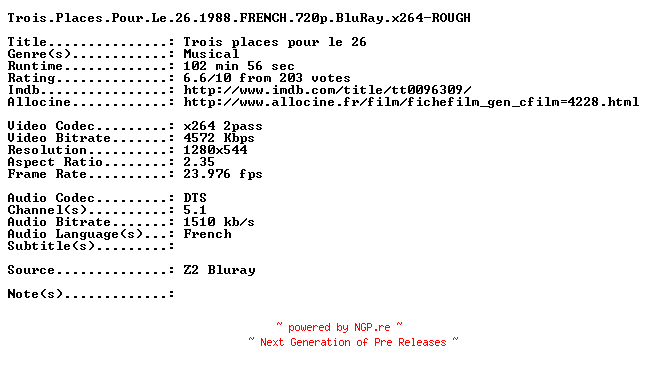NFO for the release Trois.Places.Pour.Le.26.1988.FRENCH.720p.BluRay.x264-ROUGH by ROUGH