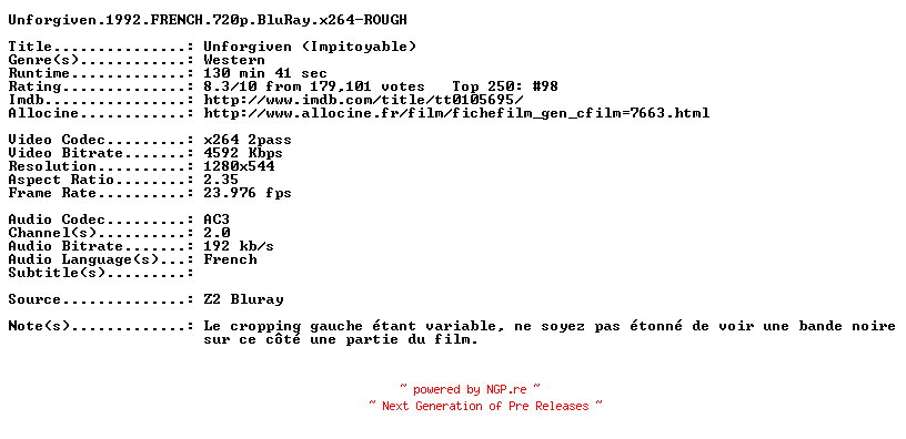 NFO for the release Unforgiven.1992.FRENCH.720p.BluRay.x264-ROUGH by ROUGH
