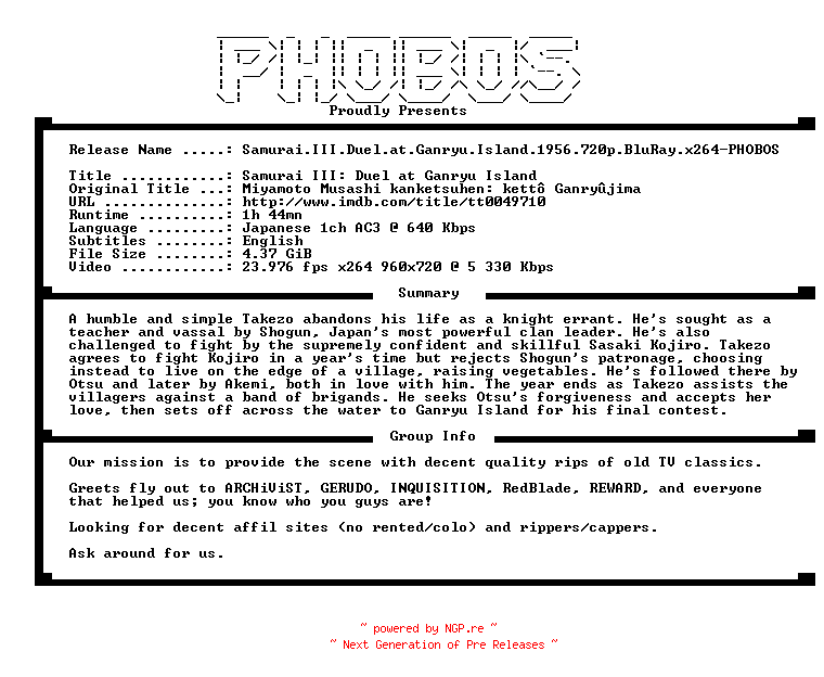 NFO for the release Samurai.III.Duel.at.Ganryu.Island.1956.720p.BluRay.x264-PHOBOS by PHOBOS