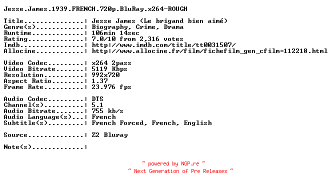 NFO for the release Jesse.James.1939.FRENCH.720p.BluRay.x264-ROUGH by ROUGH