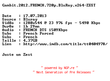 NFO for the release Gambit.2012.FRENCH.720p.BluRay.x264-ZEST by ZEST