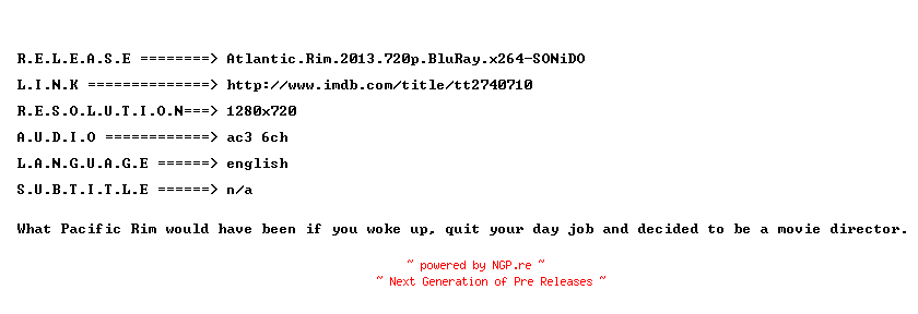 NFO for the release Atlantic.Rim.2013.720p.BluRay.x264-SONiDO by SONiDO