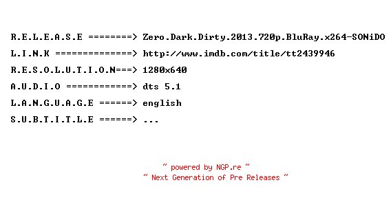 NFO for the release Zero.Dark.Dirty.2013.720p.BluRay.x264-SONiDO by SONiDO