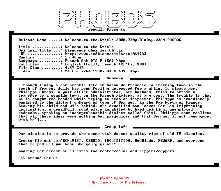 NFO for the release Welcome.to.the.Sticks.2008.720p.BluRay.x264-PHOBOS by PHOBOS